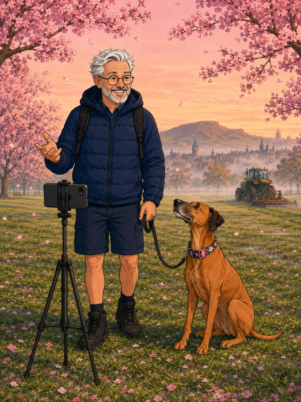 David stands on the misty dawn Meadows behind a phone tripod mid-livestream, Reggie sitting beside him gazing up hopefully, a tractor mowing in the distance.
