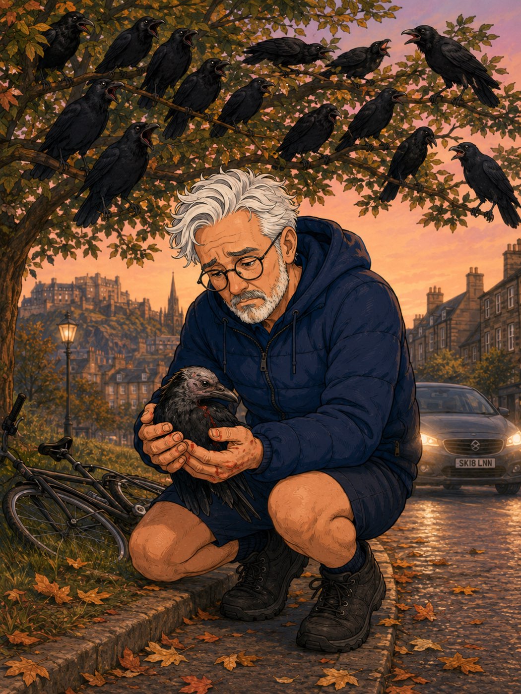 David crouches at the roadside cradling a dying half-bald crow in bloodied hands as a murder of crows gathers screaming in the branches above him.