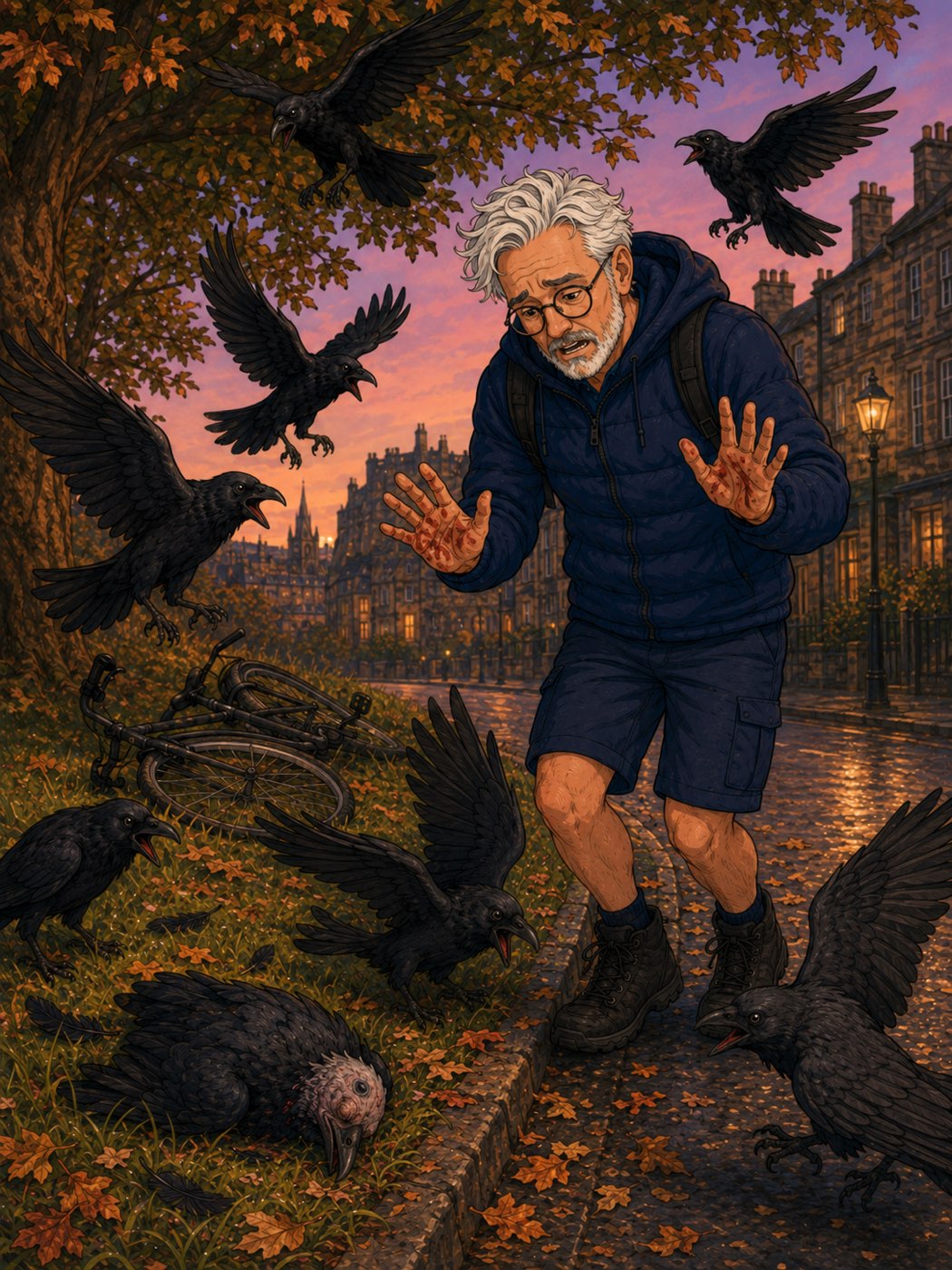 David edges backwards with his blood-stained hands raised as a whole murder of crows swoops down and mobs the dead bird on the dusk street.