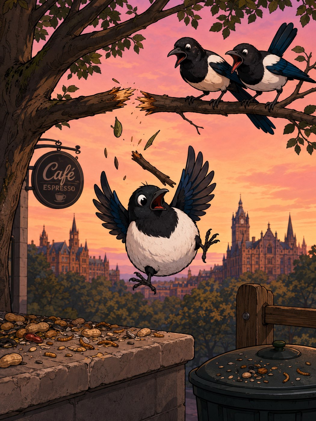 BLOB, a round tailless magpie, tumbles into the dusk as his branch snaps beneath him, while two long-tailed magpies rattle in alarm above.