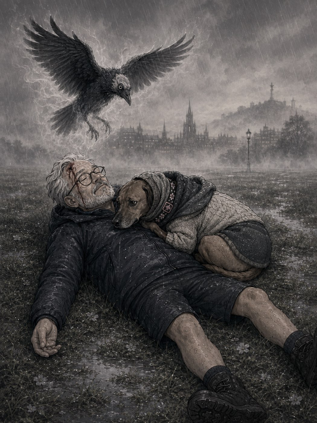 In a rain-soaked, colourless Meadows, David lies on his back with Reggie bundled in jumpers on his chest as the ghostly half-bald crow hovers over his face.